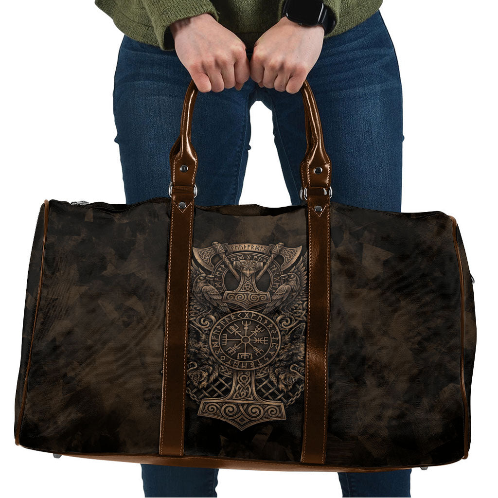 Viking Raven Wolf Vegvisir Travel Bag Nordic Runic Engraving Style