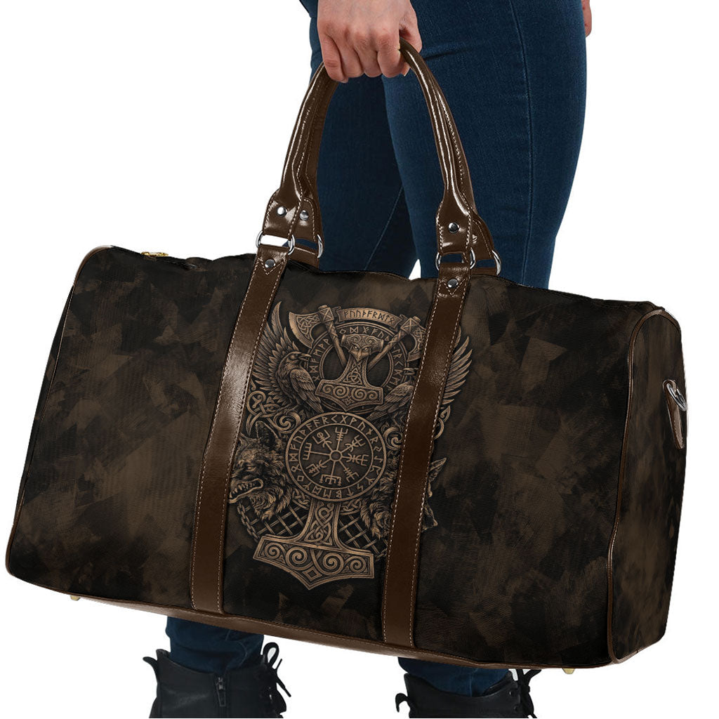 Viking Raven Wolf Vegvisir Travel Bag Nordic Runic Engraving Style
