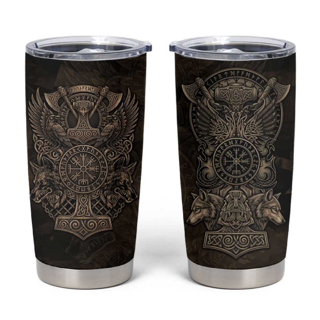 Viking Raven Wolf Vegvisir Tumbler Cup Nordic Runic Engraving Style