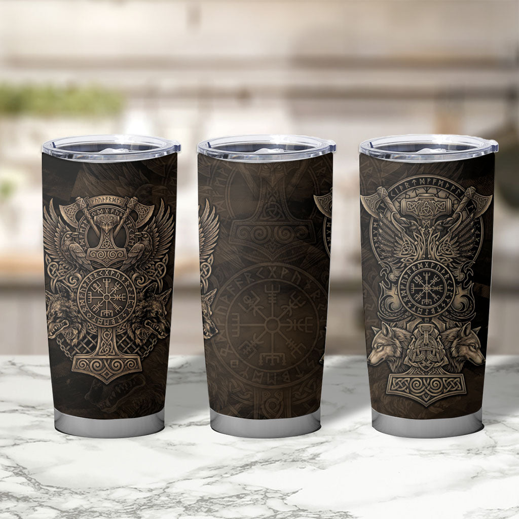 Viking Raven Wolf Vegvisir Tumbler Cup Nordic Runic Engraving Style