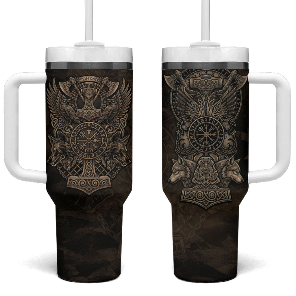 Viking Raven Wolf Vegvisir Tumbler With Handle Nordic Runic Engraving Style