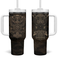 Viking Raven Wolf Vegvisir Tumbler With Handle Nordic Runic Engraving Style
