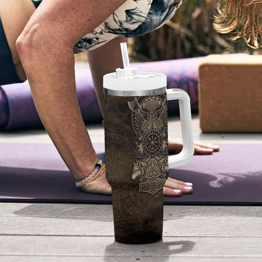 Viking Raven Wolf Vegvisir Tumbler With Handle Nordic Runic Engraving Style