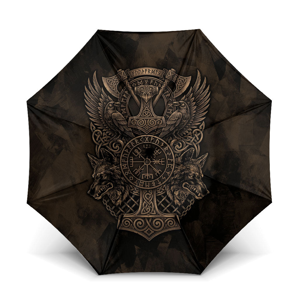 Viking Raven Wolf Vegvisir Umbrella Nordic Runic Engraving Style