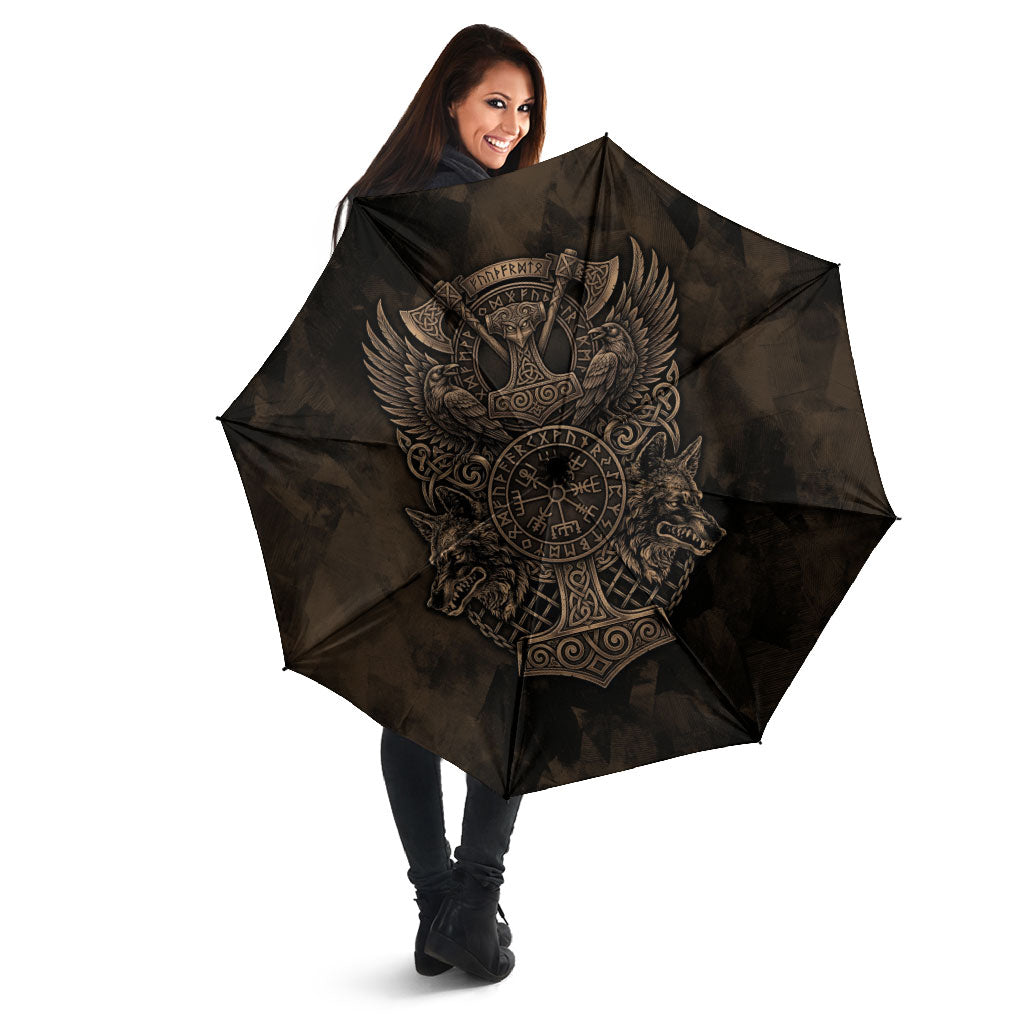 Viking Raven Wolf Vegvisir Umbrella Nordic Runic Engraving Style