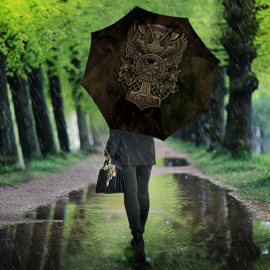 Viking Raven Wolf Vegvisir Umbrella Nordic Runic Engraving Style