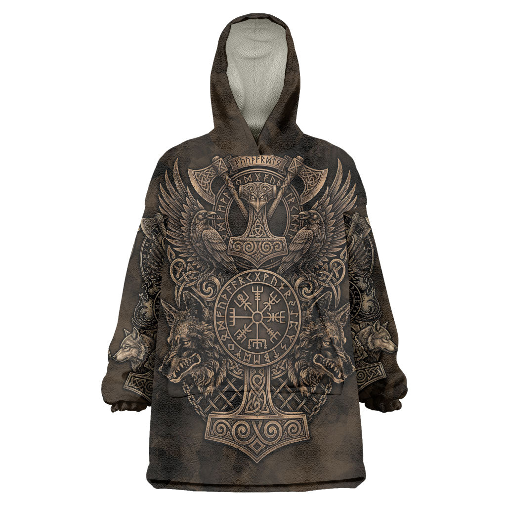 Viking Raven Wolf Vegvisir Wearable Blanket Hoodie Nordic Runic Engraving Style