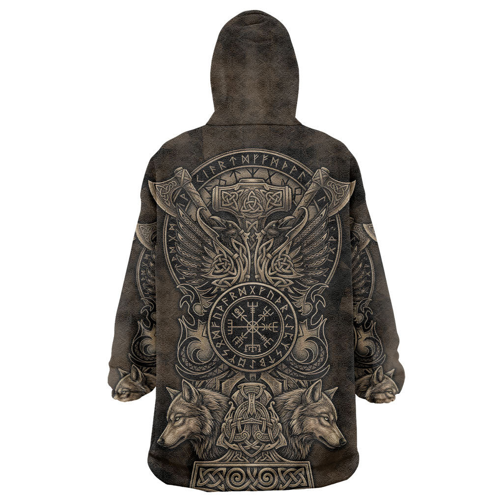 Viking Raven Wolf Vegvisir Wearable Blanket Hoodie Nordic Runic Engraving Style