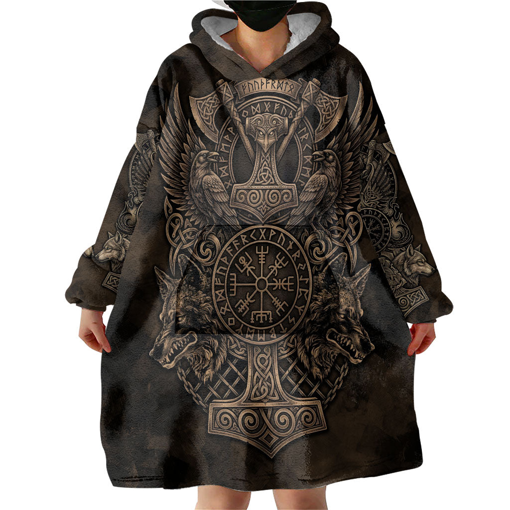 Viking Raven Wolf Vegvisir Wearable Blanket Hoodie Nordic Runic Engraving Style