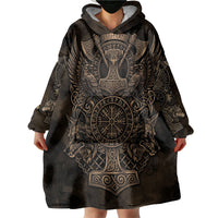 Viking Raven Wolf Vegvisir Wearable Blanket Hoodie Nordic Runic Engraving Style