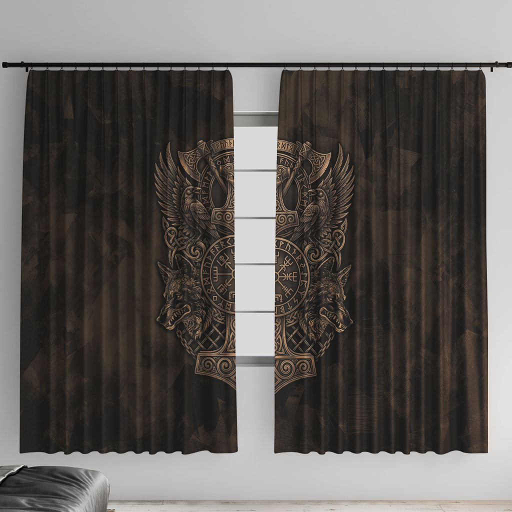 Viking Raven Wolf Vegvisir Window Curtain Nordic Runic Engraving Style