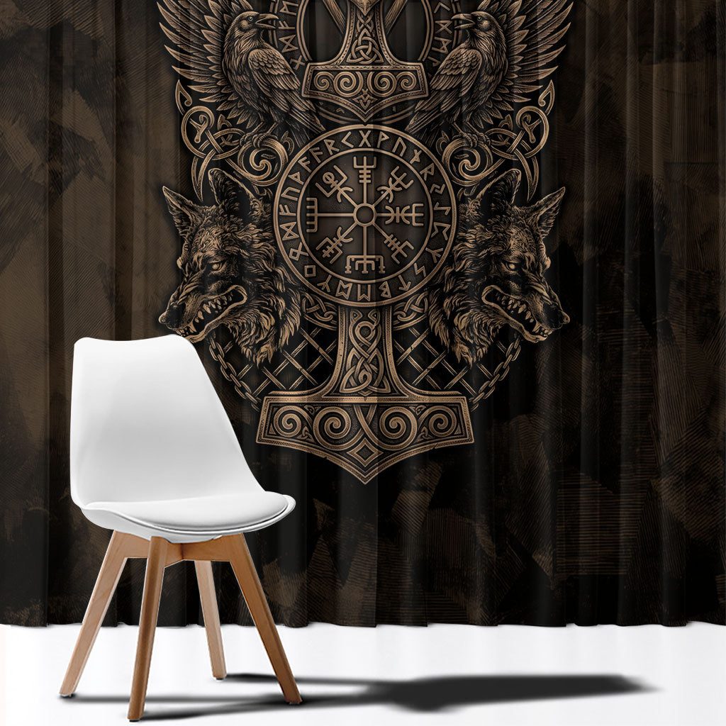 Viking Raven Wolf Vegvisir Window Curtain Nordic Runic Engraving Style