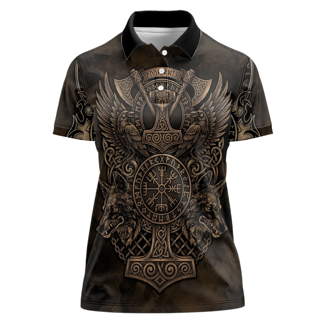 Viking Raven Wolf Vegvisir Women Polo Shirt Nordic Runic Engraving Style