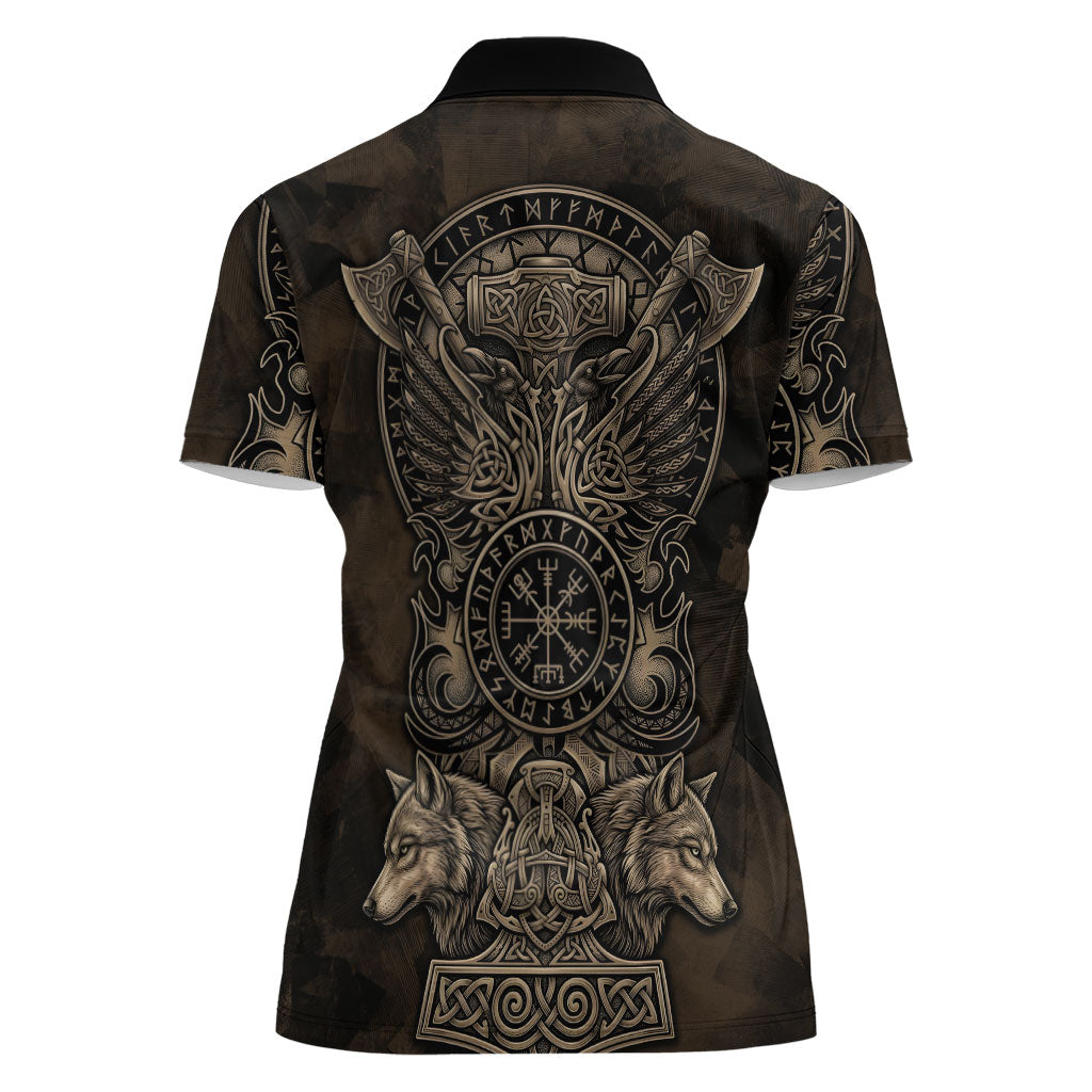 Viking Raven Wolf Vegvisir Women Polo Shirt Nordic Runic Engraving Style