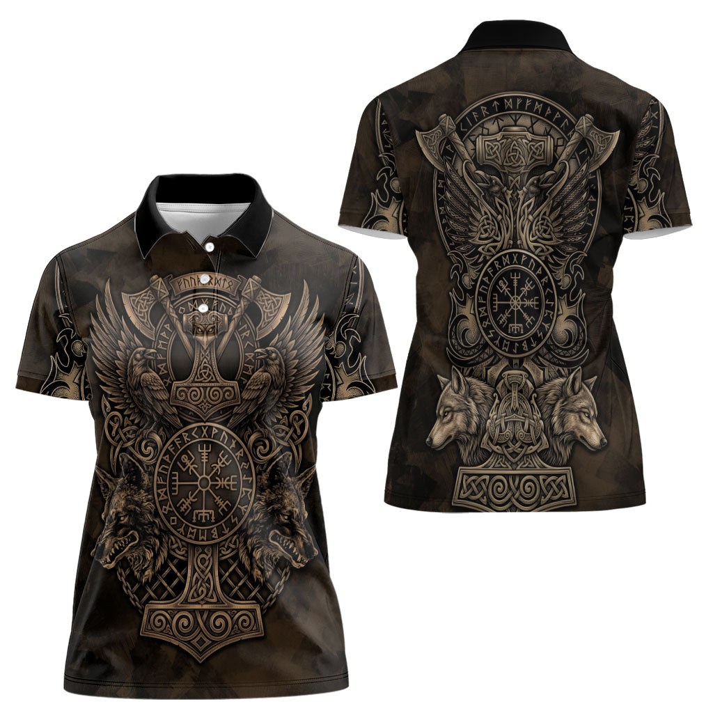 Viking Raven Wolf Vegvisir Women Polo Shirt Nordic Runic Engraving Style