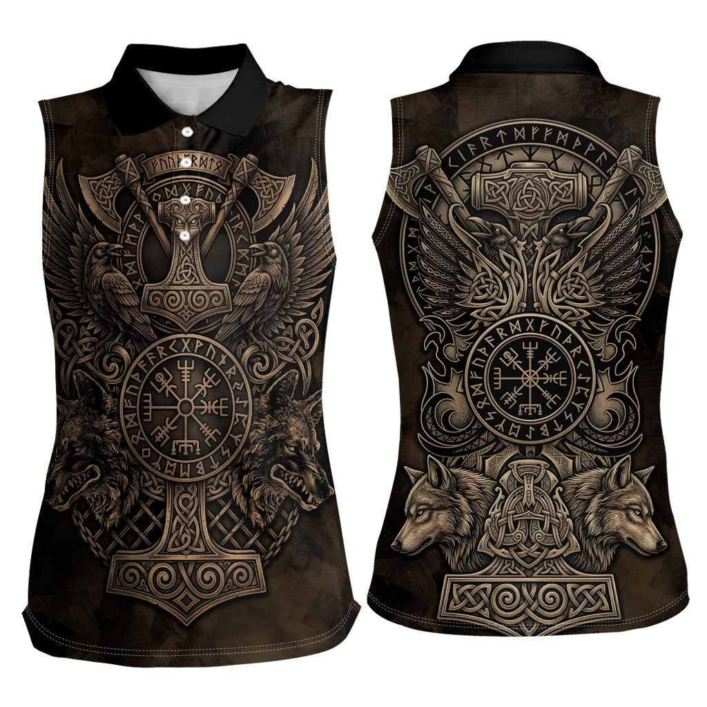 Viking Raven Wolf Vegvisir Women Sleeveless Polo Shirt Nordic Runic Engraving Style