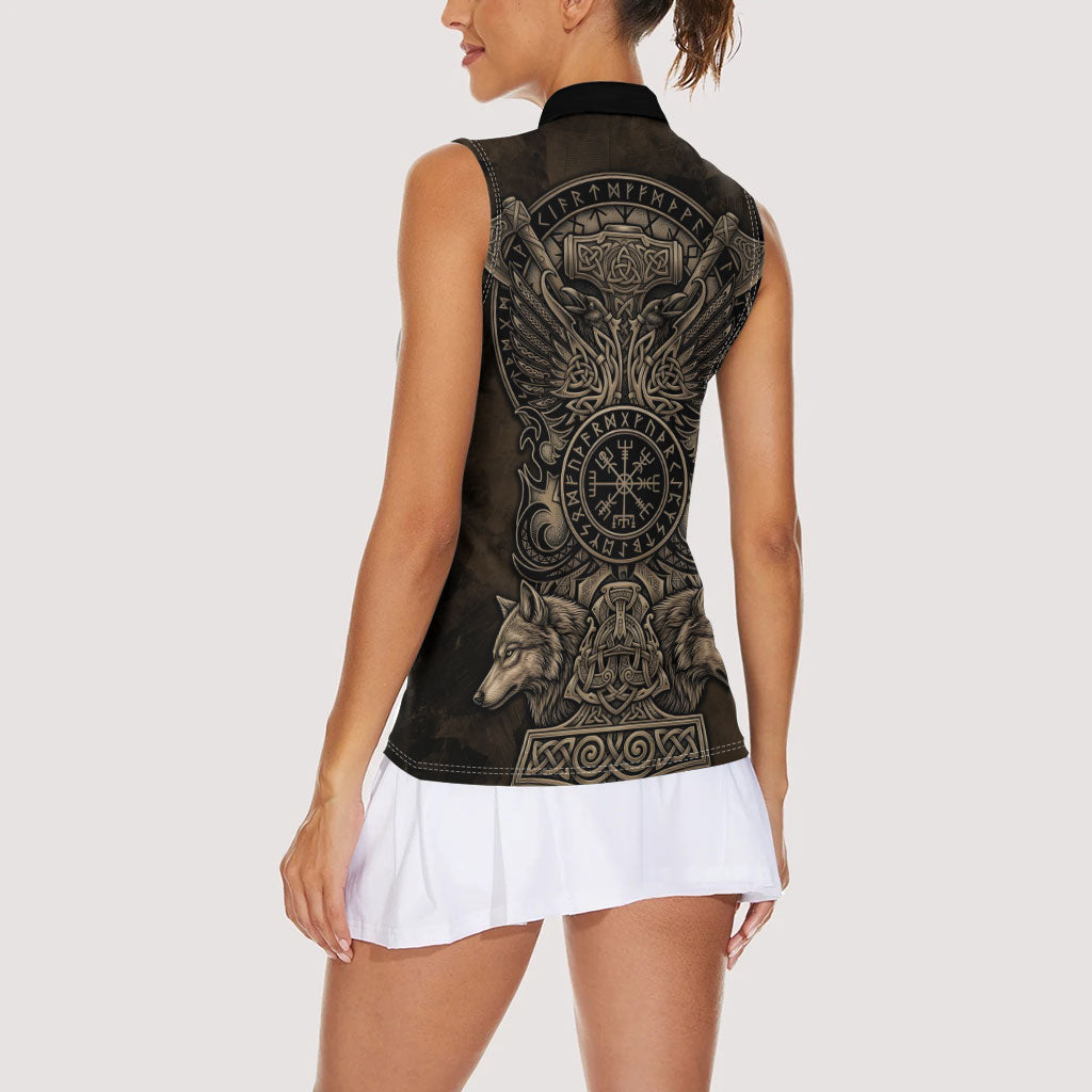 Viking Raven Wolf Vegvisir Women Sleeveless Polo Shirt Nordic Runic Engraving Style