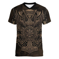 Viking Raven Wolf Vegvisir Women V-Neck T-Shirt Nordic Runic Engraving Style