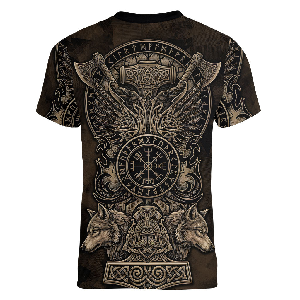 Viking Raven Wolf Vegvisir Women V-Neck T-Shirt Nordic Runic Engraving Style