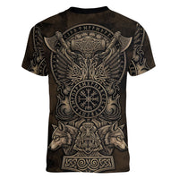 Viking Raven Wolf Vegvisir Women V-Neck T-Shirt Nordic Runic Engraving Style
