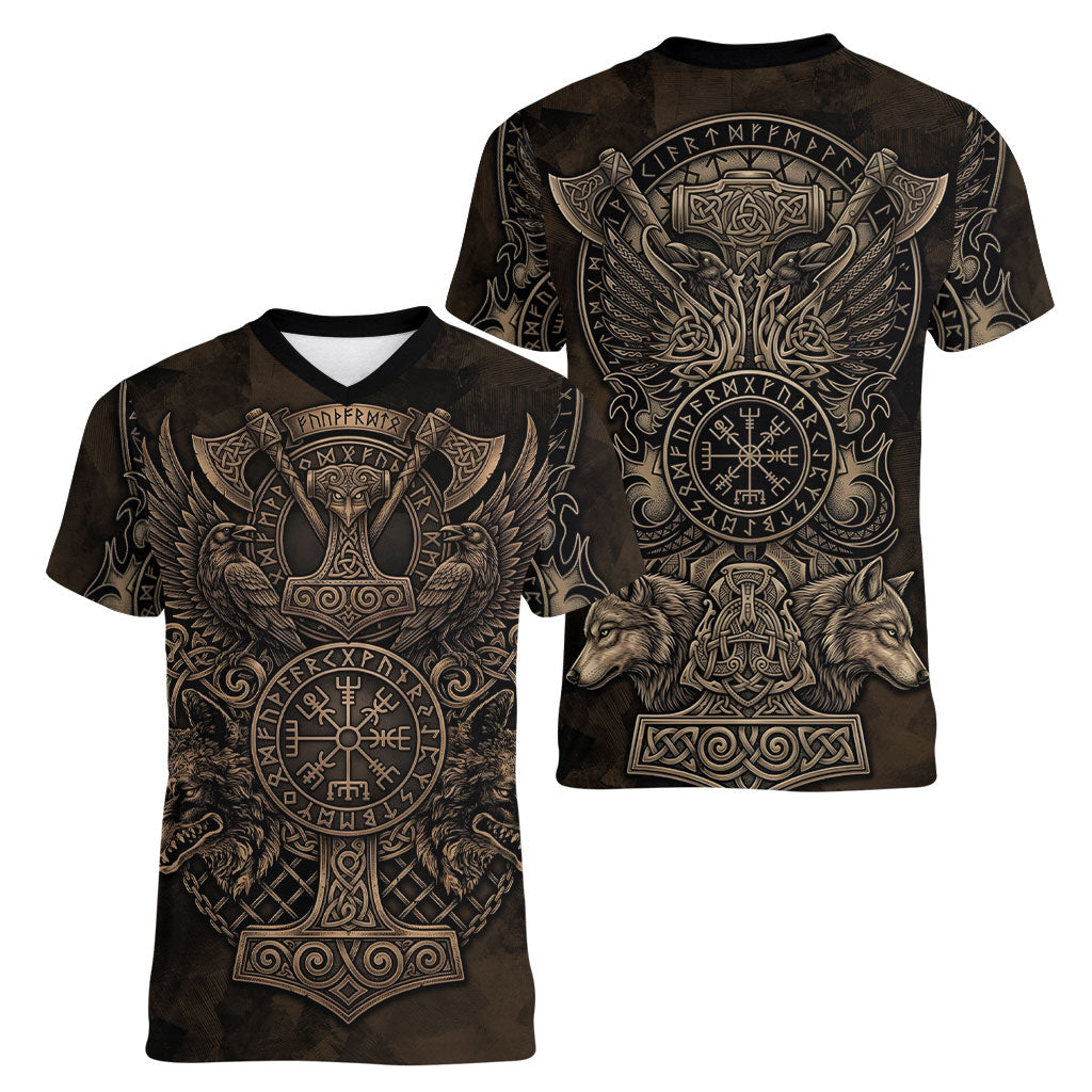 Viking Raven Wolf Vegvisir Women V-Neck T-Shirt Nordic Runic Engraving Style