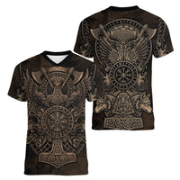 Viking Raven Wolf Vegvisir Women V-Neck T-Shirt Nordic Runic Engraving Style