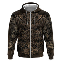 Viking Raven Wolf Vegvisir Zip Hoodie Nordic Runic Engraving Style