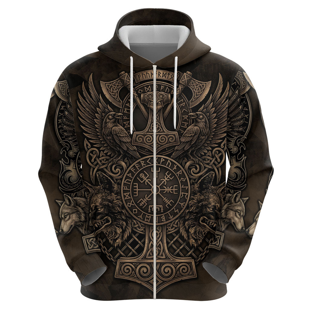 Viking Raven Wolf Vegvisir Zip Hoodie Nordic Runic Engraving Style
