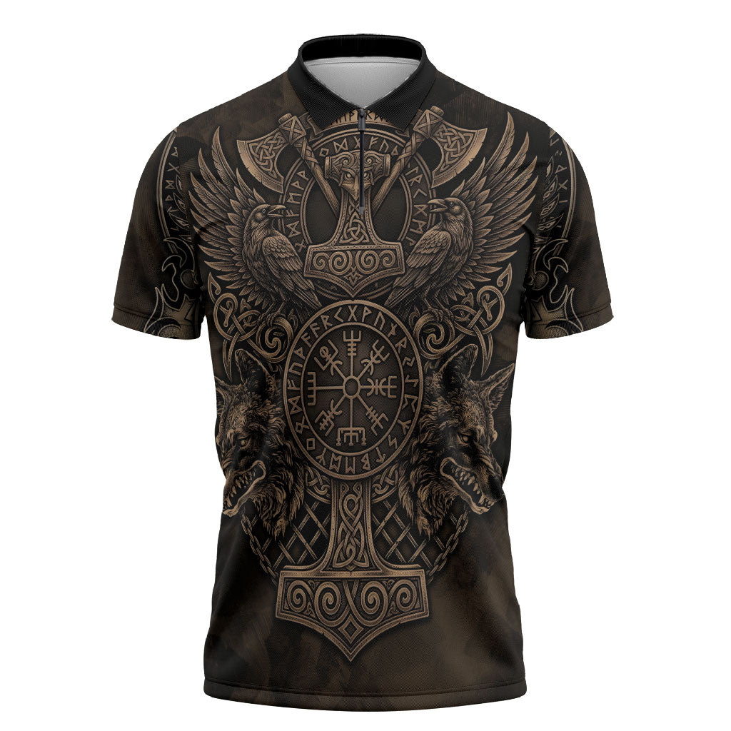 Viking Raven Wolf Vegvisir Zipper Polo Shirt Nordic Runic Engraving Style