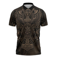 Viking Raven Wolf Vegvisir Zipper Polo Shirt Nordic Runic Engraving Style