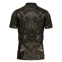 Viking Raven Wolf Vegvisir Zipper Polo Shirt Nordic Runic Engraving Style