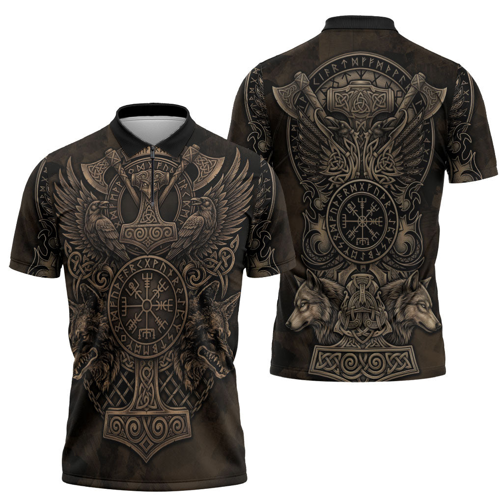 Viking Raven Wolf Vegvisir Zipper Polo Shirt Nordic Runic Engraving Style