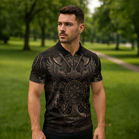 Viking Raven Wolf Vegvisir Zipper Polo Shirt Nordic Runic Engraving Style