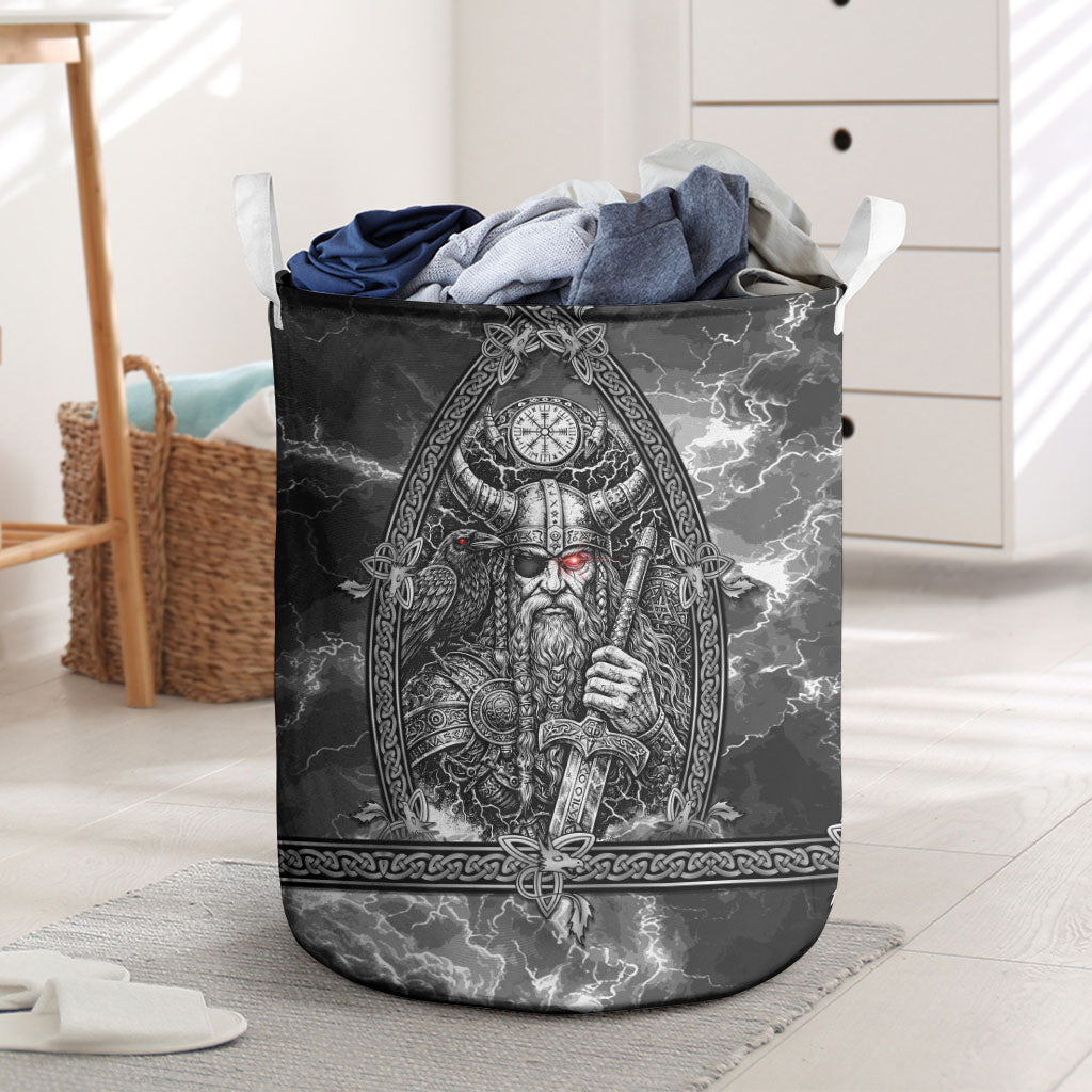 Viking Warrior Raven Axe Vegvisir Laundry Basket Odin Warrior Nordic Runic Engraved Illustration Style