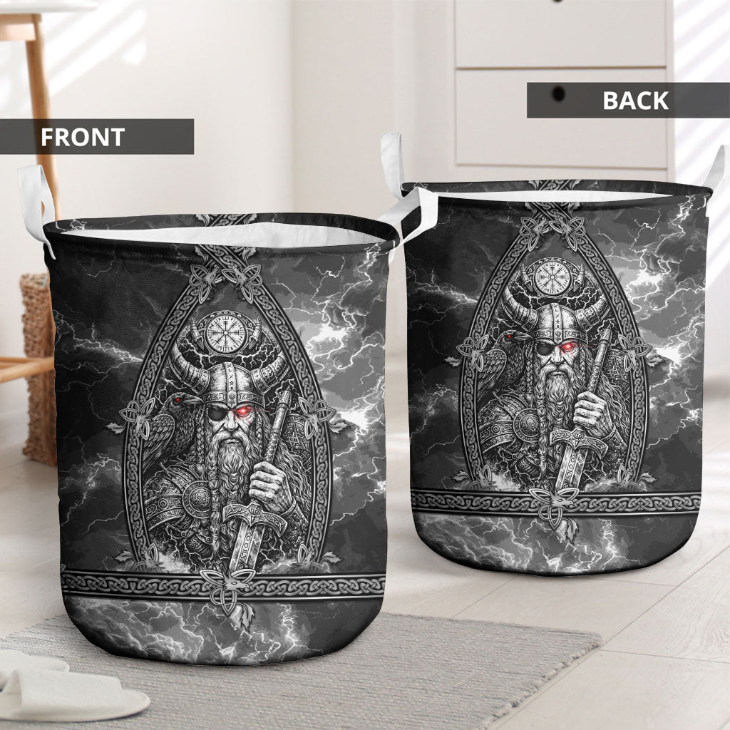 Viking Warrior Raven Axe Vegvisir Laundry Basket Odin Warrior Nordic Runic Engraved Illustration Style