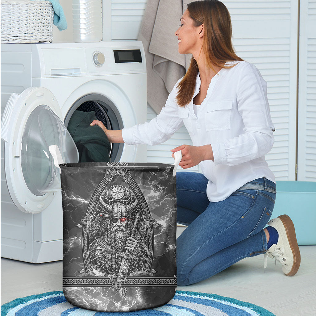 Viking Warrior Raven Axe Vegvisir Laundry Basket Odin Warrior Nordic Runic Engraved Illustration Style