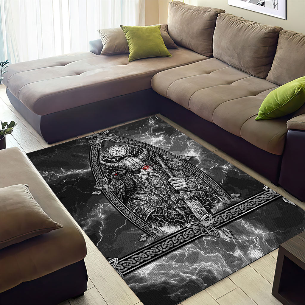 Viking Warrior Raven Axe Vegvisir Area Rug Odin Warrior Nordic Runic Engraved Illustration Style