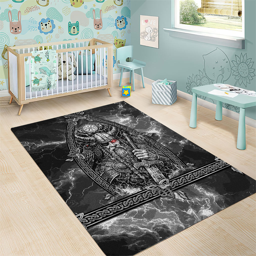 Viking Warrior Raven Axe Vegvisir Area Rug Odin Warrior Nordic Runic Engraved Illustration Style