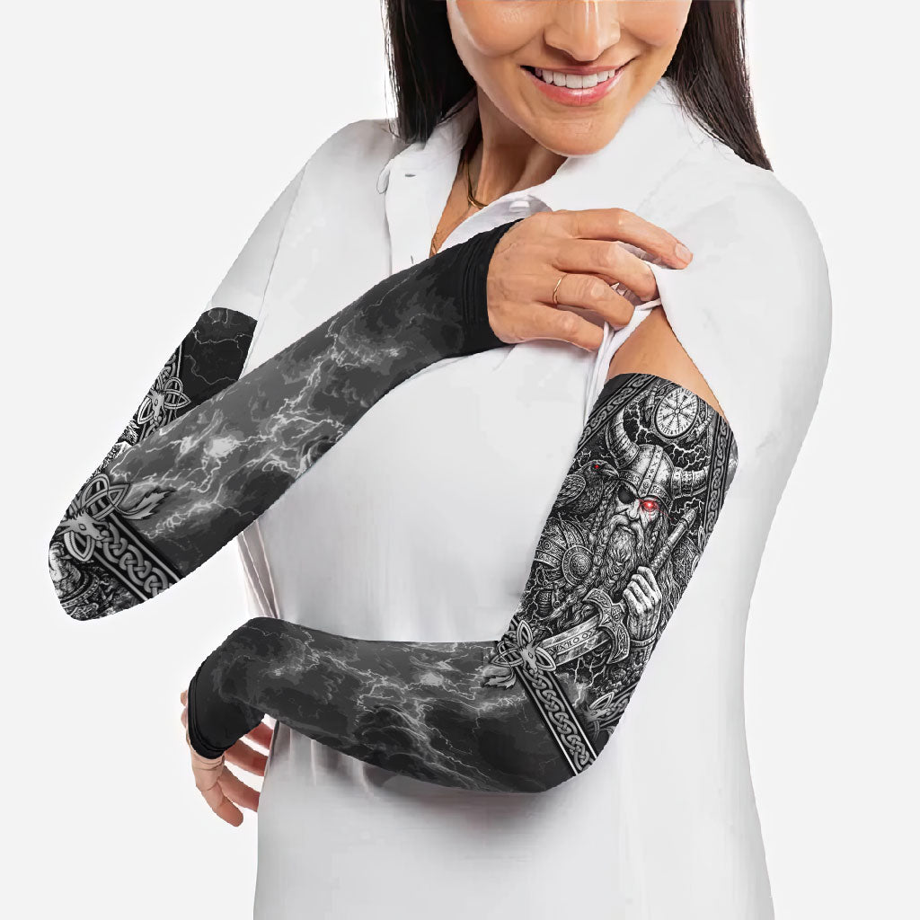 Viking Warrior Raven Axe Vegvisir Arm Sleeves Odin Warrior Nordic Runic Engraved Illustration Style