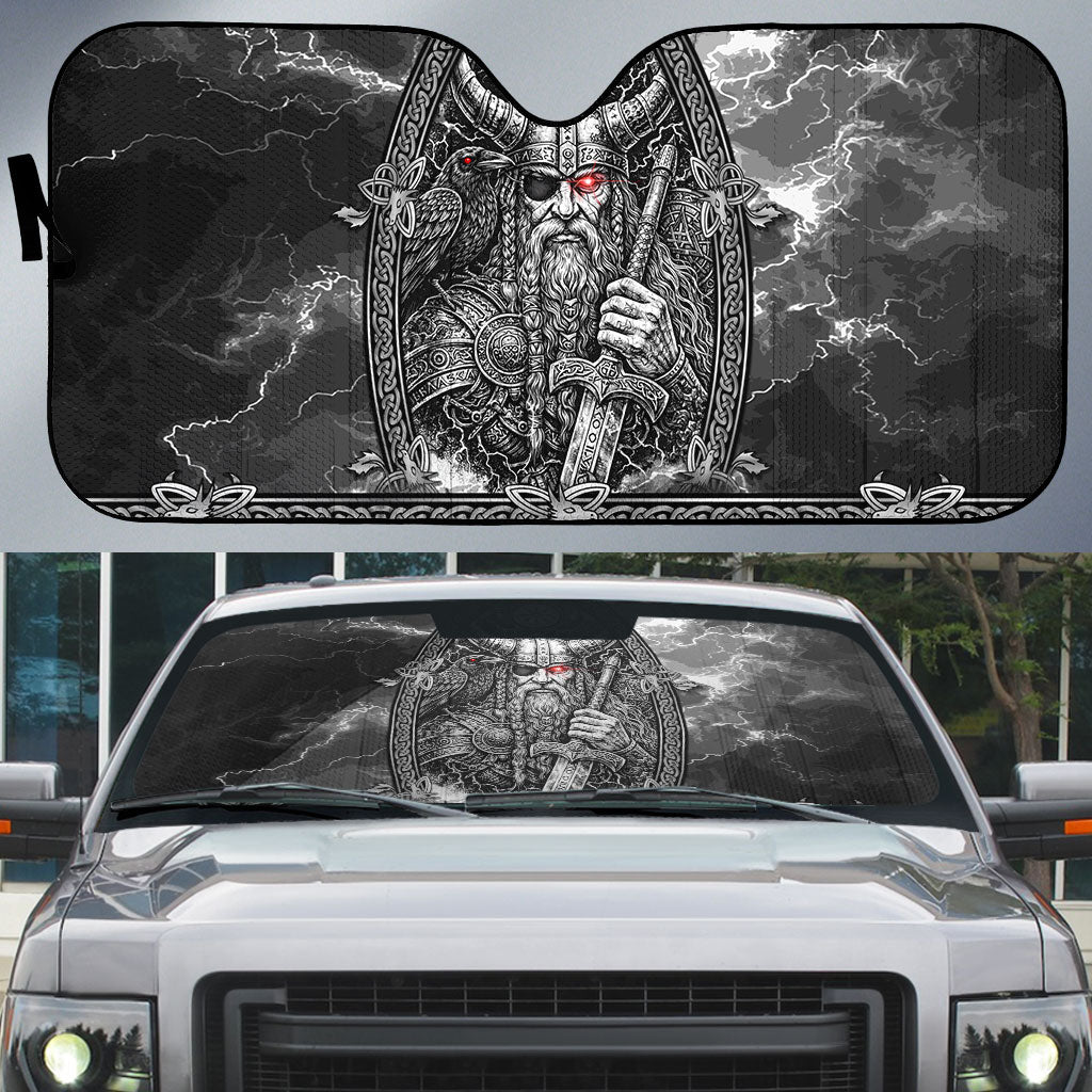 Viking Warrior Raven Axe Vegvisir Auto Sun Shade Odin Warrior Nordic Runic Engraved Illustration Style
