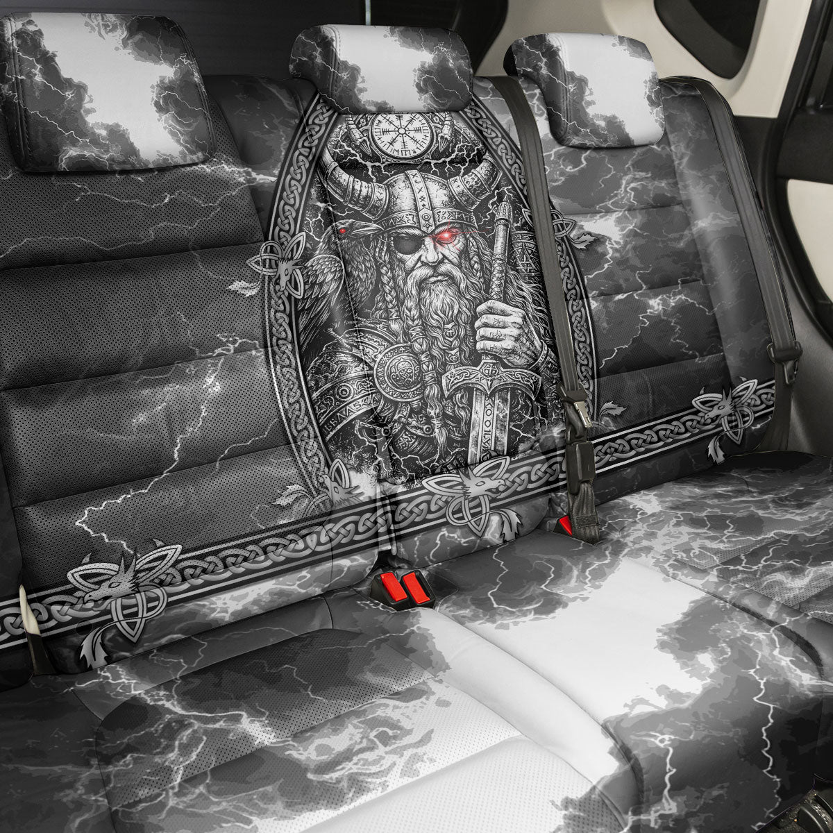 Viking Warrior Raven Axe Vegvisir Back Car Seat Cover Odin Warrior Nordic Runic Engraved Illustration Style