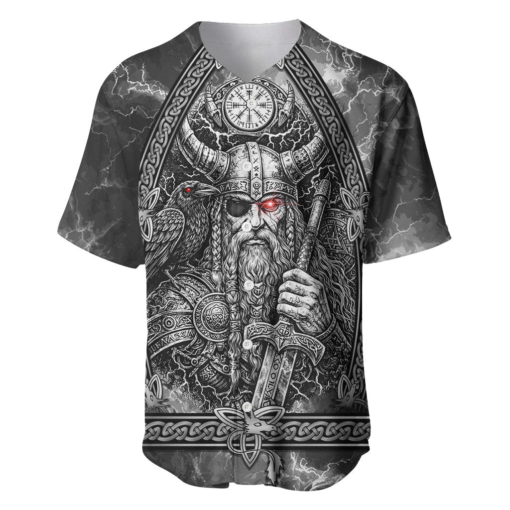 Viking Warrior Raven Axe Vegvisir Baseball Jersey Odin Warrior Nordic Runic Engraved Illustration Style