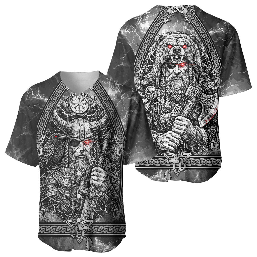 Viking Warrior Raven Axe Vegvisir Baseball Jersey Odin Warrior Nordic Runic Engraved Illustration Style