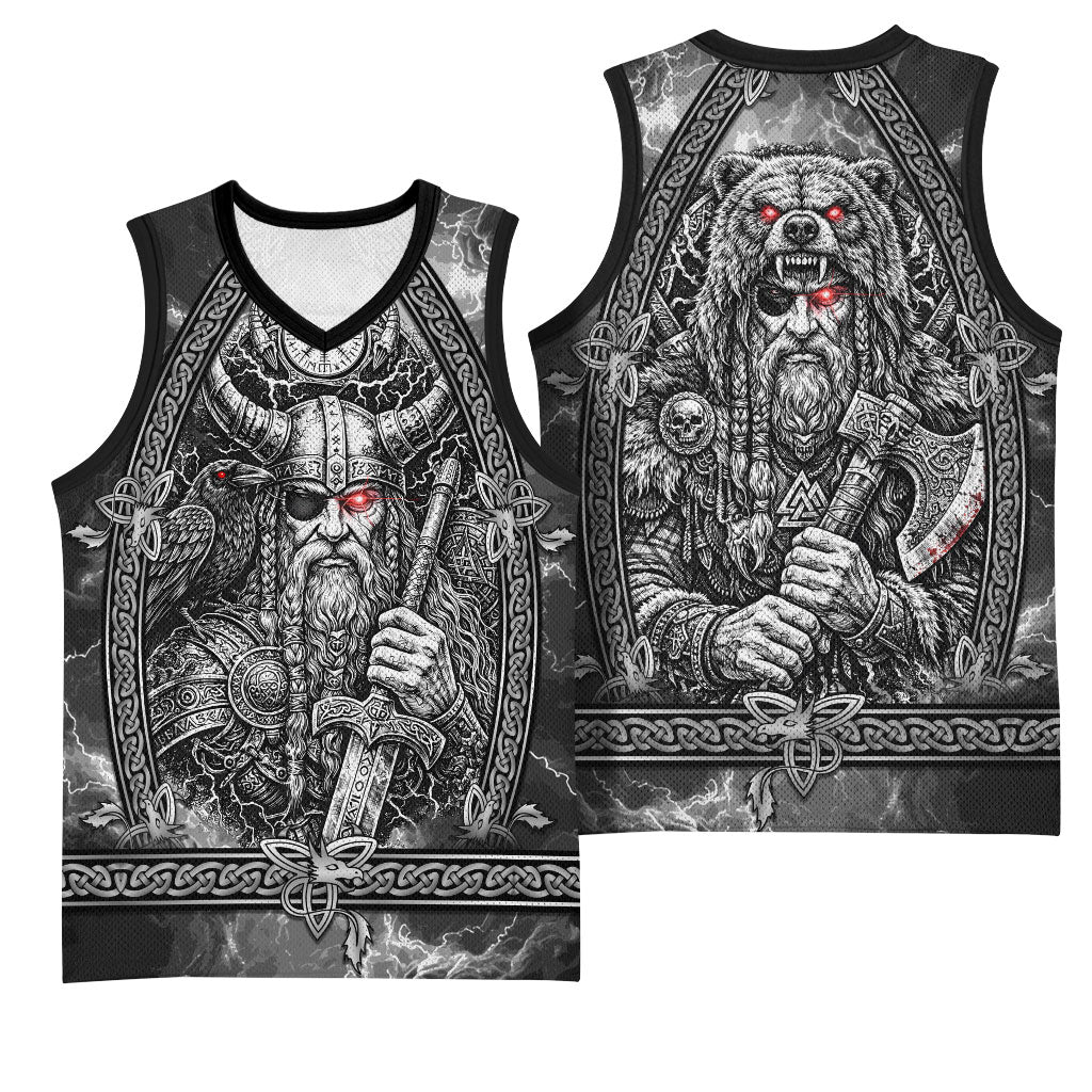 Viking Warrior Raven Axe Vegvisir Basketball Jersey Odin Warrior Nordic Runic Engraved Illustration Style