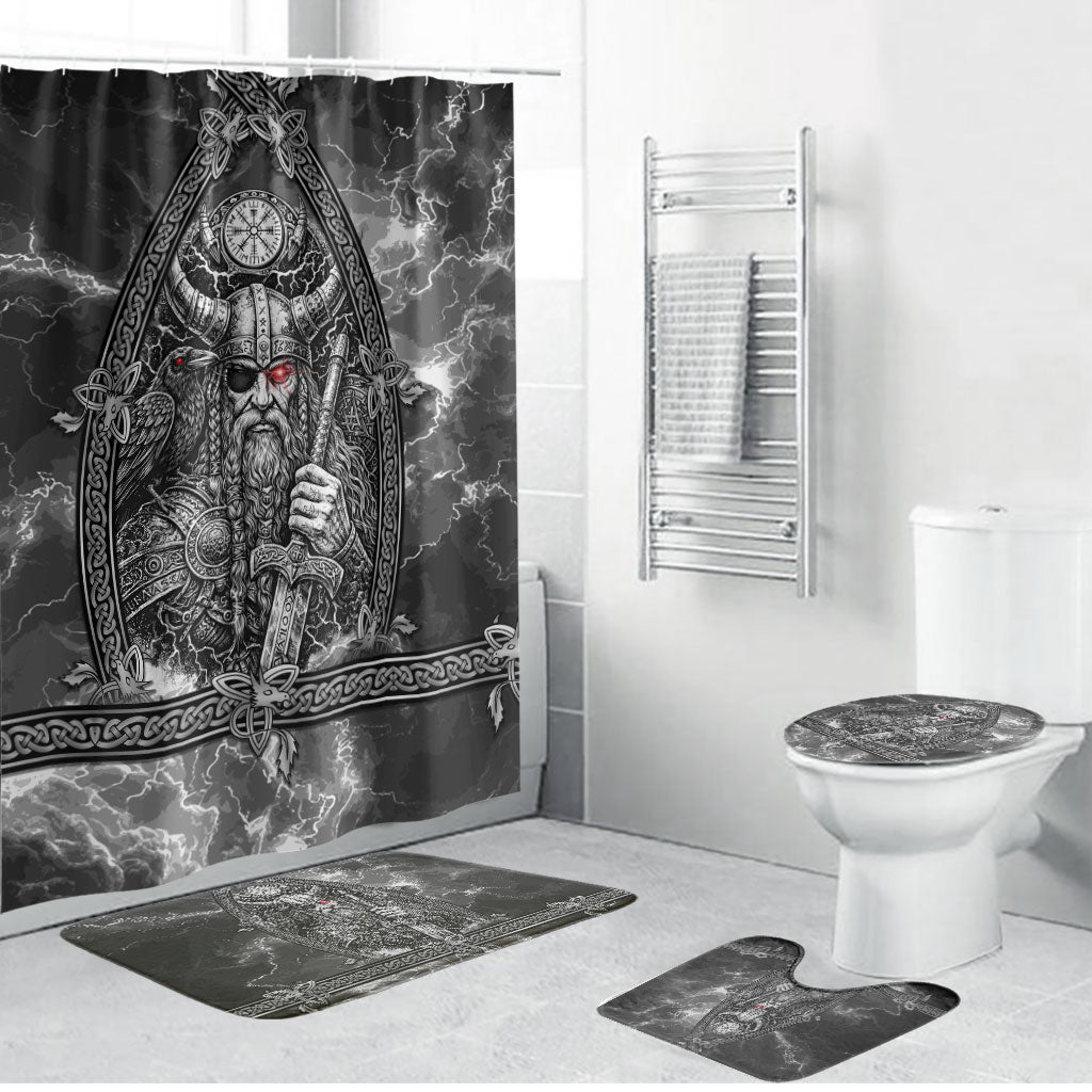 Viking Warrior Raven Axe Vegvisir Bathroom Set Odin Warrior Nordic Runic Engraved Illustration Style