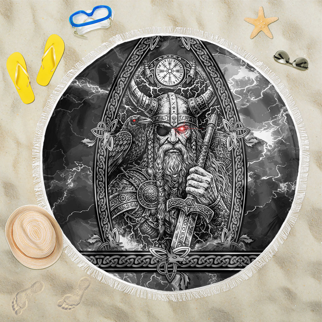 Viking Warrior Raven Axe Vegvisir Beach Blanket Odin Warrior Nordic Runic Engraved Illustration Style
