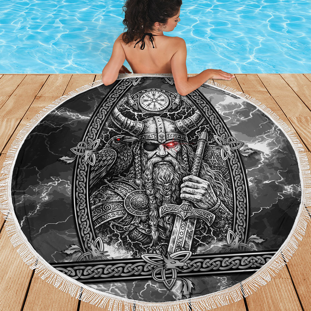 Viking Warrior Raven Axe Vegvisir Beach Blanket Odin Warrior Nordic Runic Engraved Illustration Style