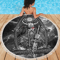 Viking Warrior Raven Axe Vegvisir Beach Blanket Odin Warrior Nordic Runic Engraved Illustration Style