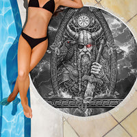 Viking Warrior Raven Axe Vegvisir Beach Blanket Odin Warrior Nordic Runic Engraved Illustration Style