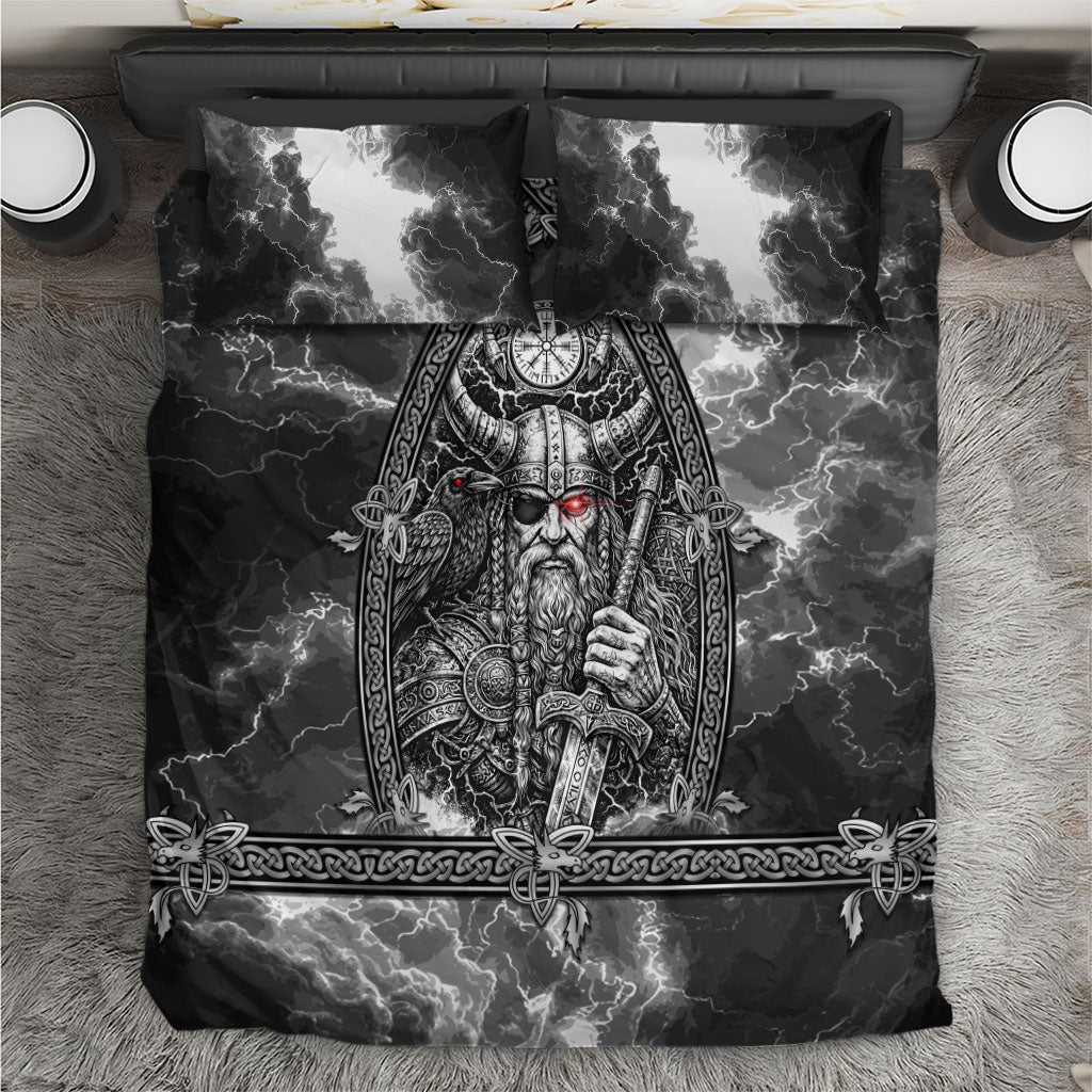 Viking Warrior Raven Axe Vegvisir Bedding Set Odin Warrior Nordic Runic Engraved Illustration Style
